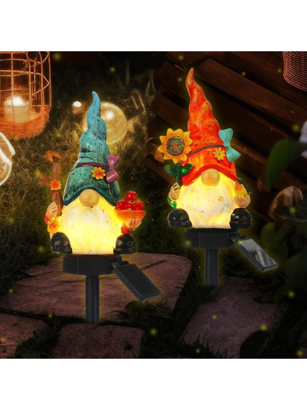 2 Pack Solar Gnome Statues for Garden Decor - Outdoor Lawn Pathway Lights